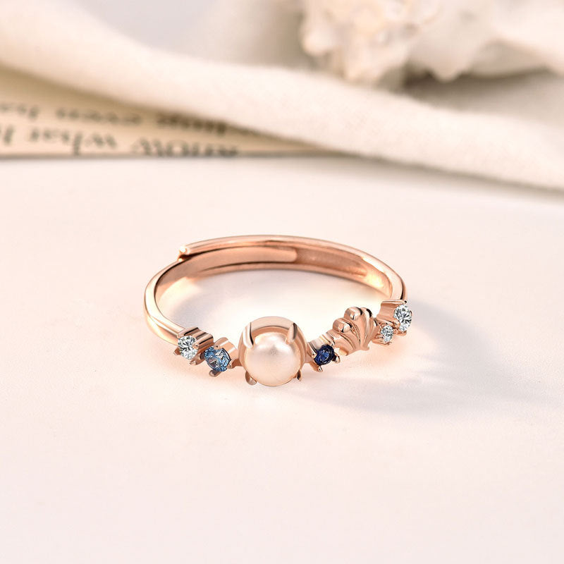 Elegant Shell Pearl Mermaid Tail CZ 925 Sterling Silver Adjustable Ring