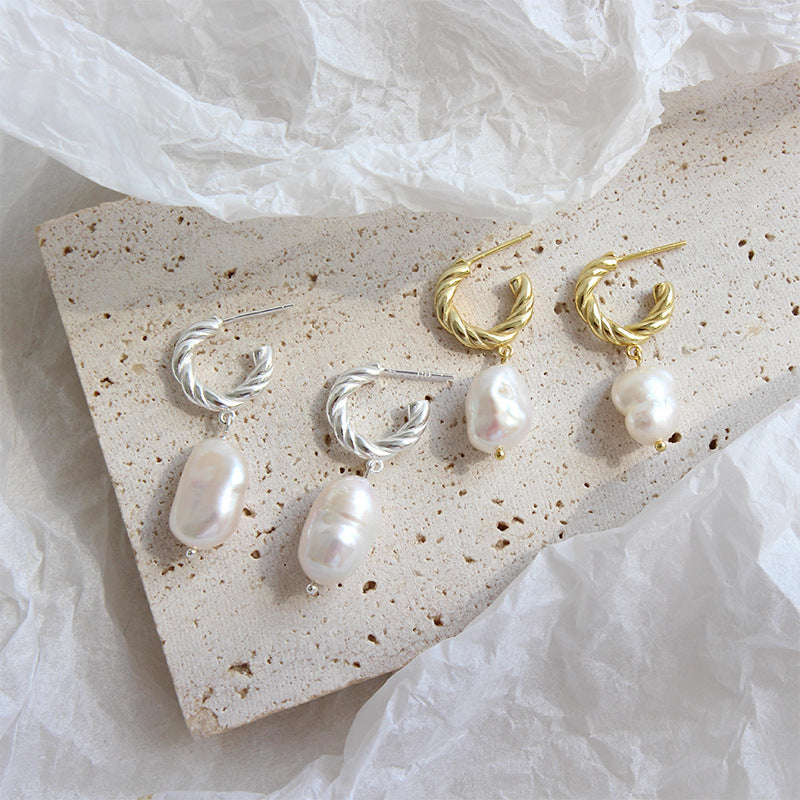Baroque Shell Pearl Twisted Circle 925 Sterling Silver Hoop Earrings
