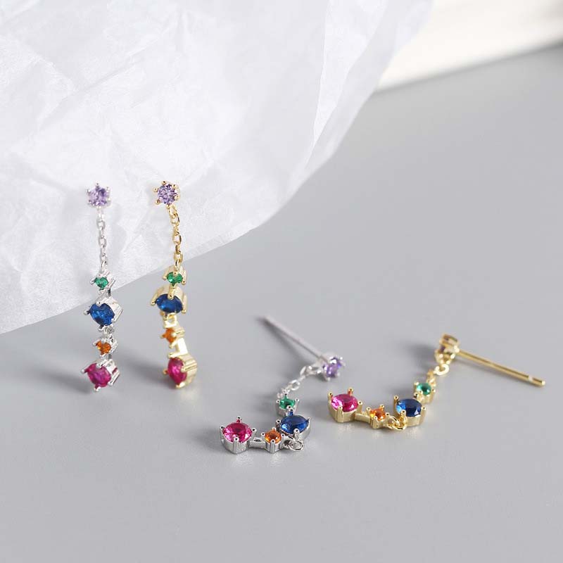 Colorful Geometry CZ Beautiful 925 Sterling Silver Dangling Earrings