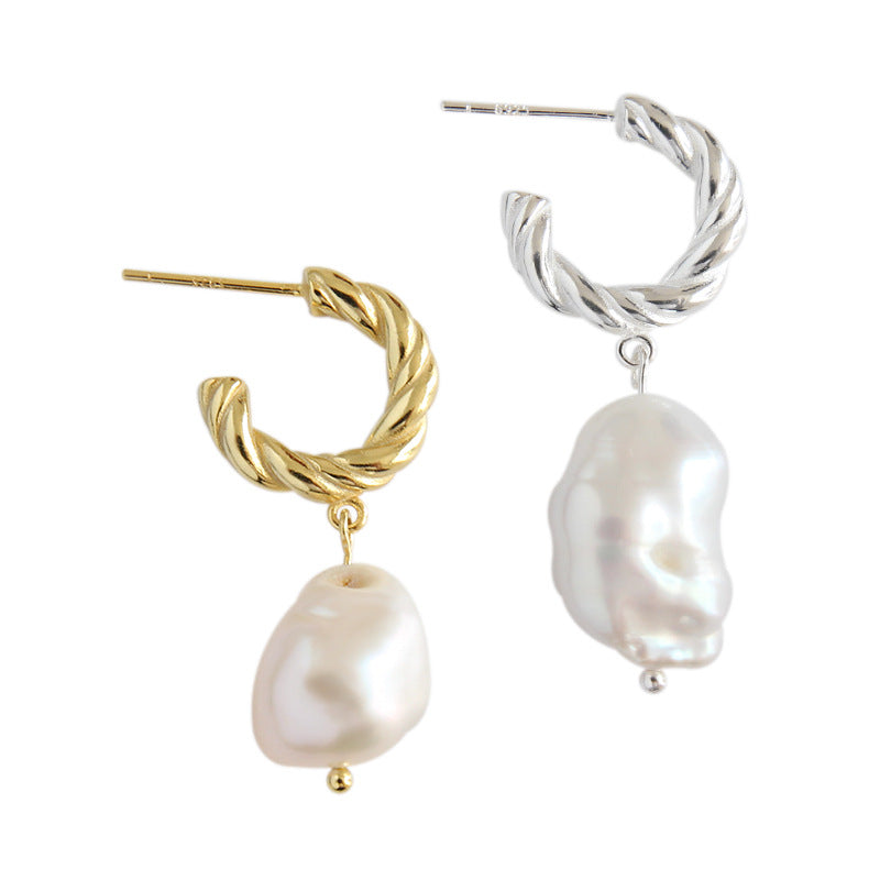 Baroque Shell Pearl Twisted Circle 925 Sterling Silver Hoop Earrings