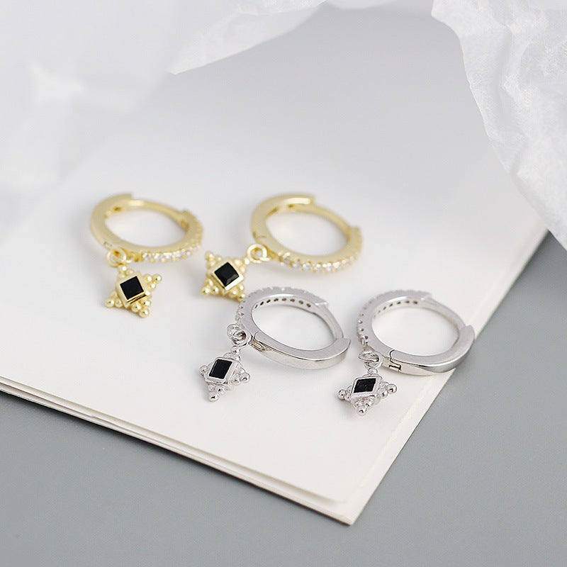 Modern Black CZ Quad Star 925 Sterling Silver Hoop Earrings